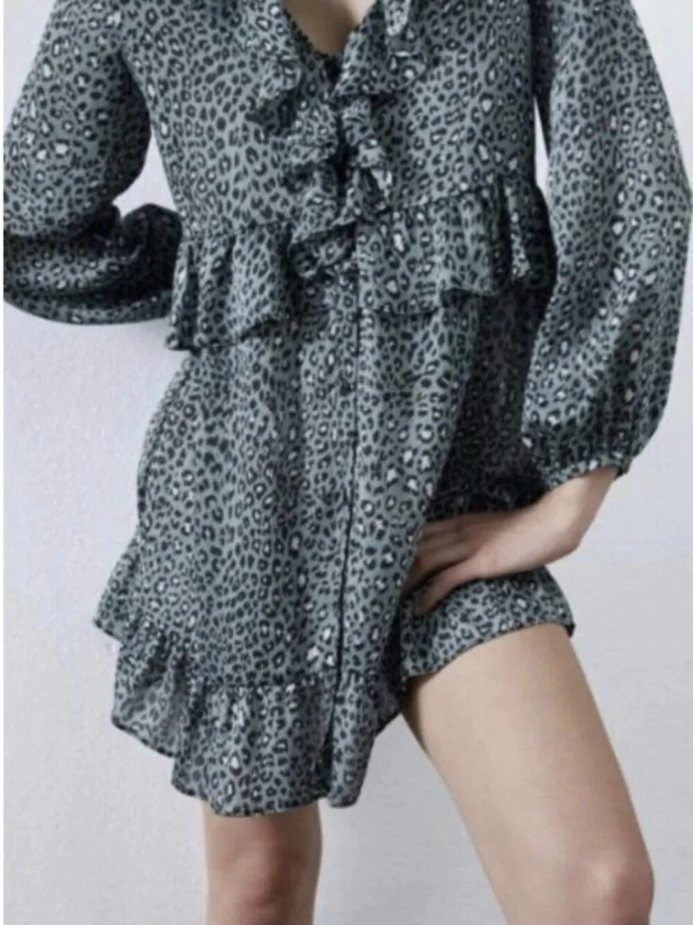 Zara Teal Black Leopard Print Ruffle Button Down Tunic Dress Size S
